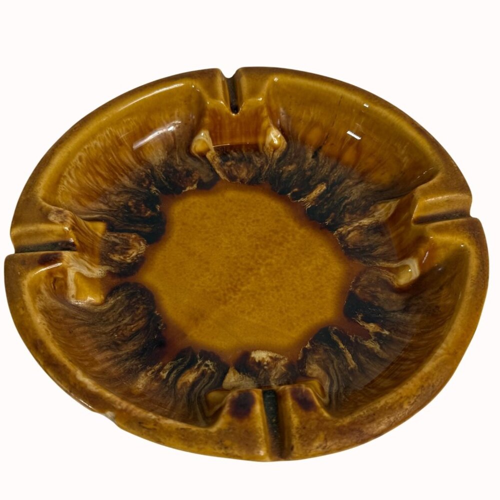 MCM Retro 60s Ashtray USA Pottery Drip Glazed VTG Mustard Yellow Brown Grooves